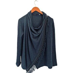 Cullen 100% Cashmere Poncho Sweater Tassels Charcoal Blue Oversized - XSmall